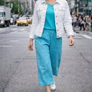 Talbots Linen Wide Leg Cropped Pants M Petite Aqua EUC